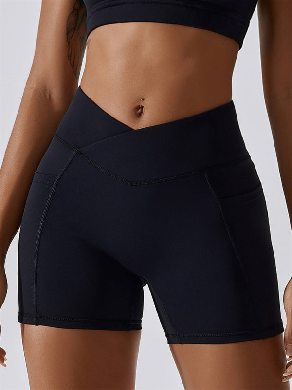 Women's Hip Pocket Crossover Waist Leggings Sports Shorts