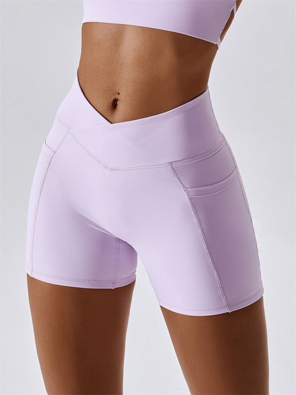 Women's Hip Pocket Crossover Waist Leggings Sports Shorts